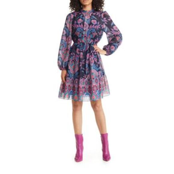 Julia Jordan Navy Multicolor Floral Long Sleeve Tie Waist Mini Dress 10 NWOT - Picture 1 of 15